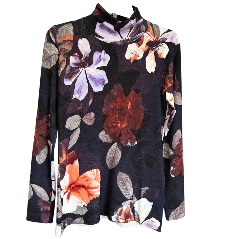 Context Lord and Taylor Black Floral Mock Neck Long Sleeve Knit Top Small